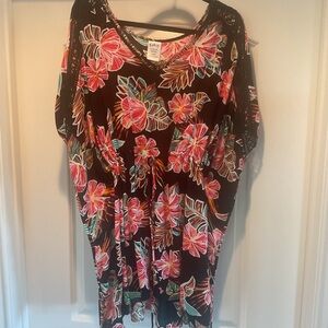 Tahiti Black Floral V-Neck Drawstring Tunic with Pink & Teal Blooms XL